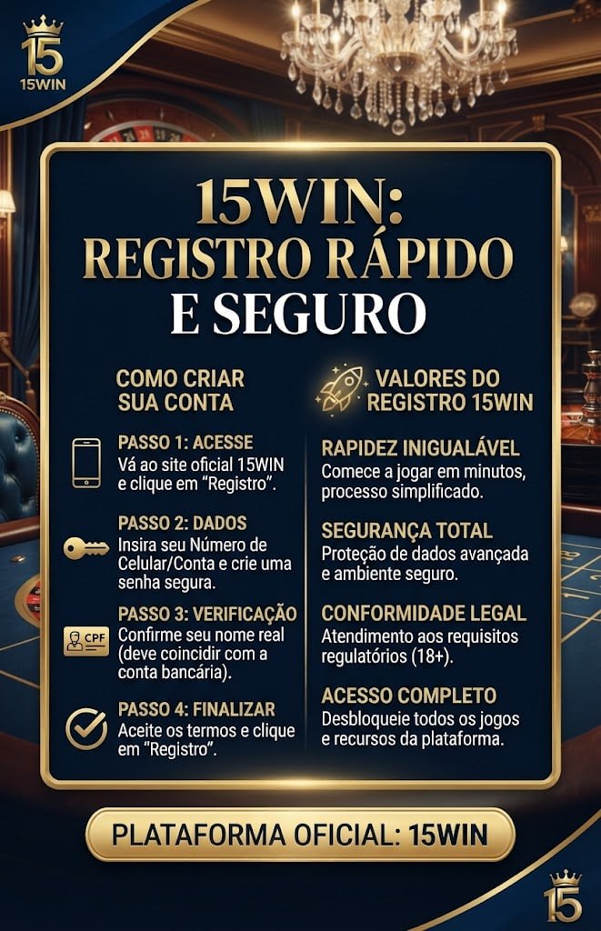 A promotional graphic showing the 15WIN registration process steps and secure account creation benefits against a luxury casino background.