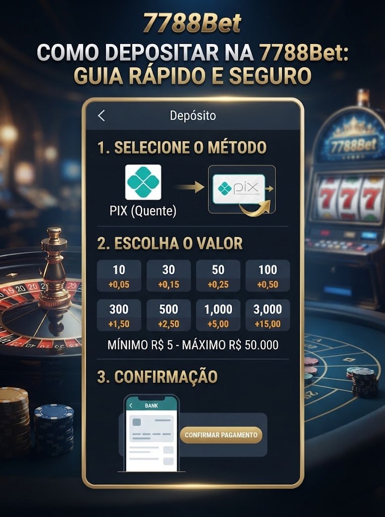Uma imagem promocional detalhando o processo de depósito via PIX na 7788Bet com opções de valores e método seguro.