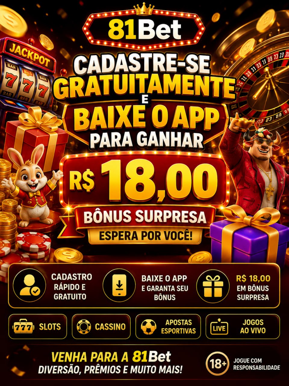 Poster da 81Bet com bônus surpresa de R$18,00 e download do APP.