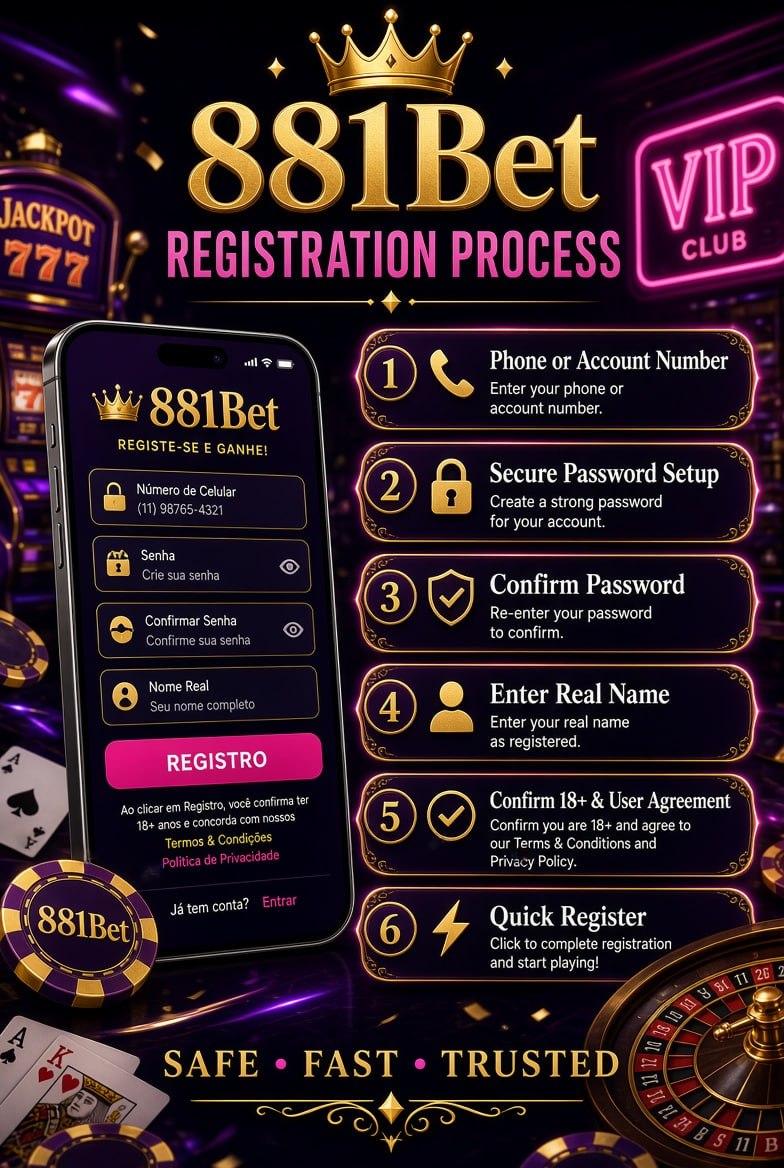 Pôster de registro 881Bet com tema de cassino, etapas de cadastro e branding dourado.