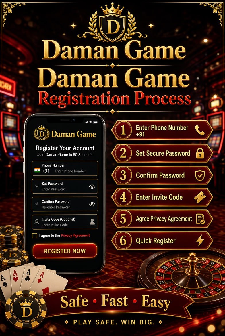 Casino-themed Daman Game registration poster with phone signup steps and golden branding.