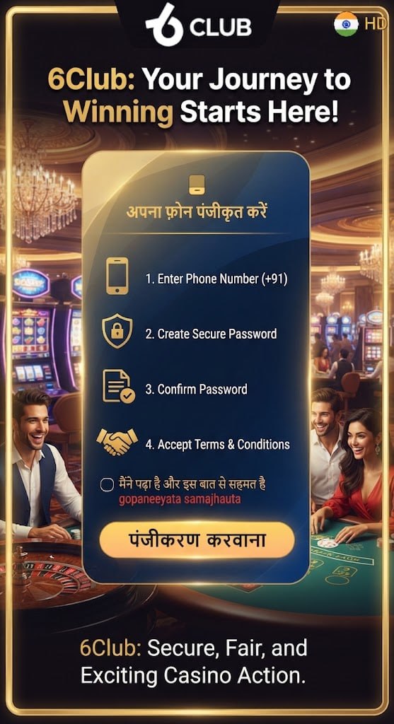 A promotional graphic showing the 6Club account registration form steps against a casino background.