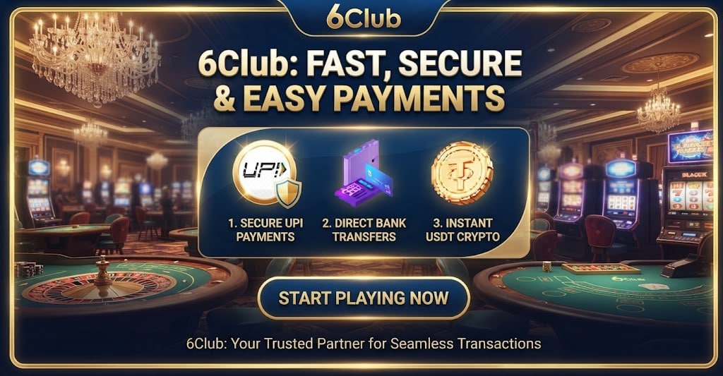 A promotional graphic showing 6Club payment options including UPI, Bank Card, and USDT with a casino background.