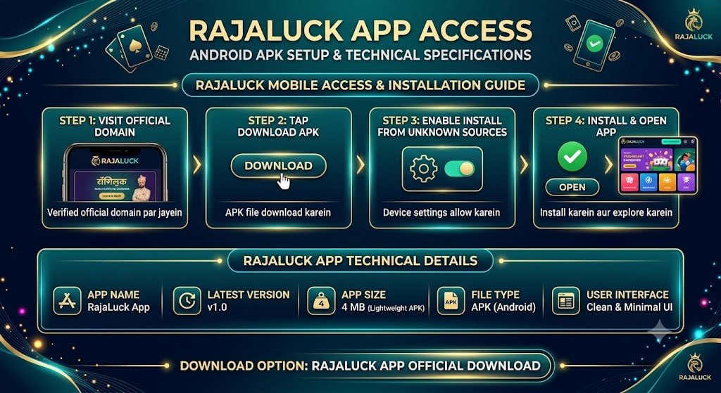 RajaLuck Android app technical specifications showing 4MB lightweight APK details and download access