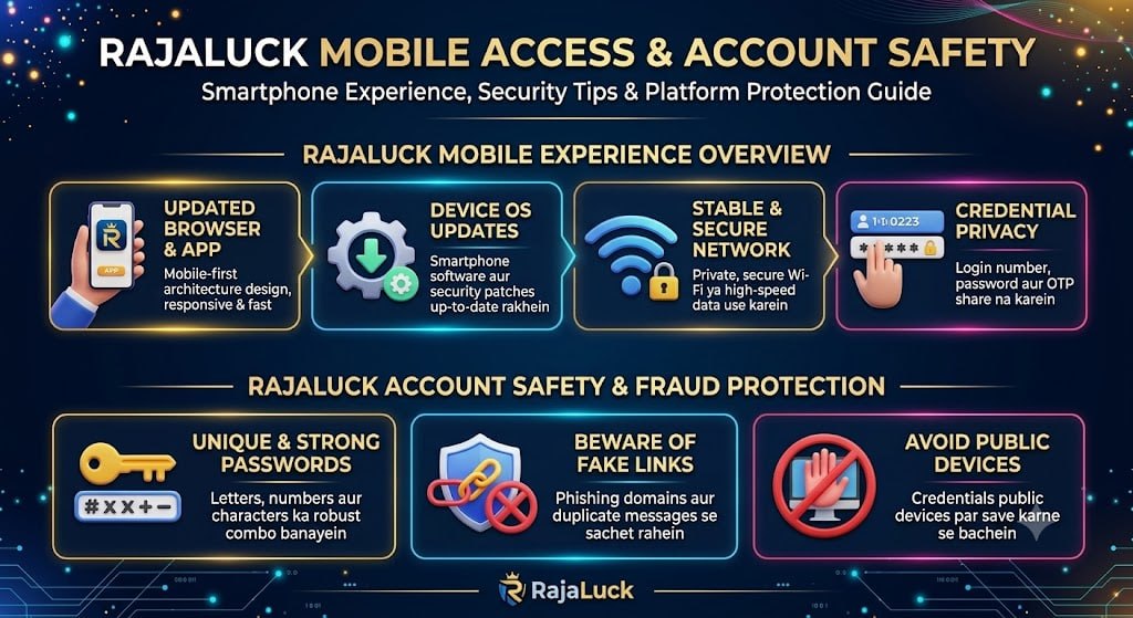 RajaLuck mobile gaming experience on smartphone with account security and safety features