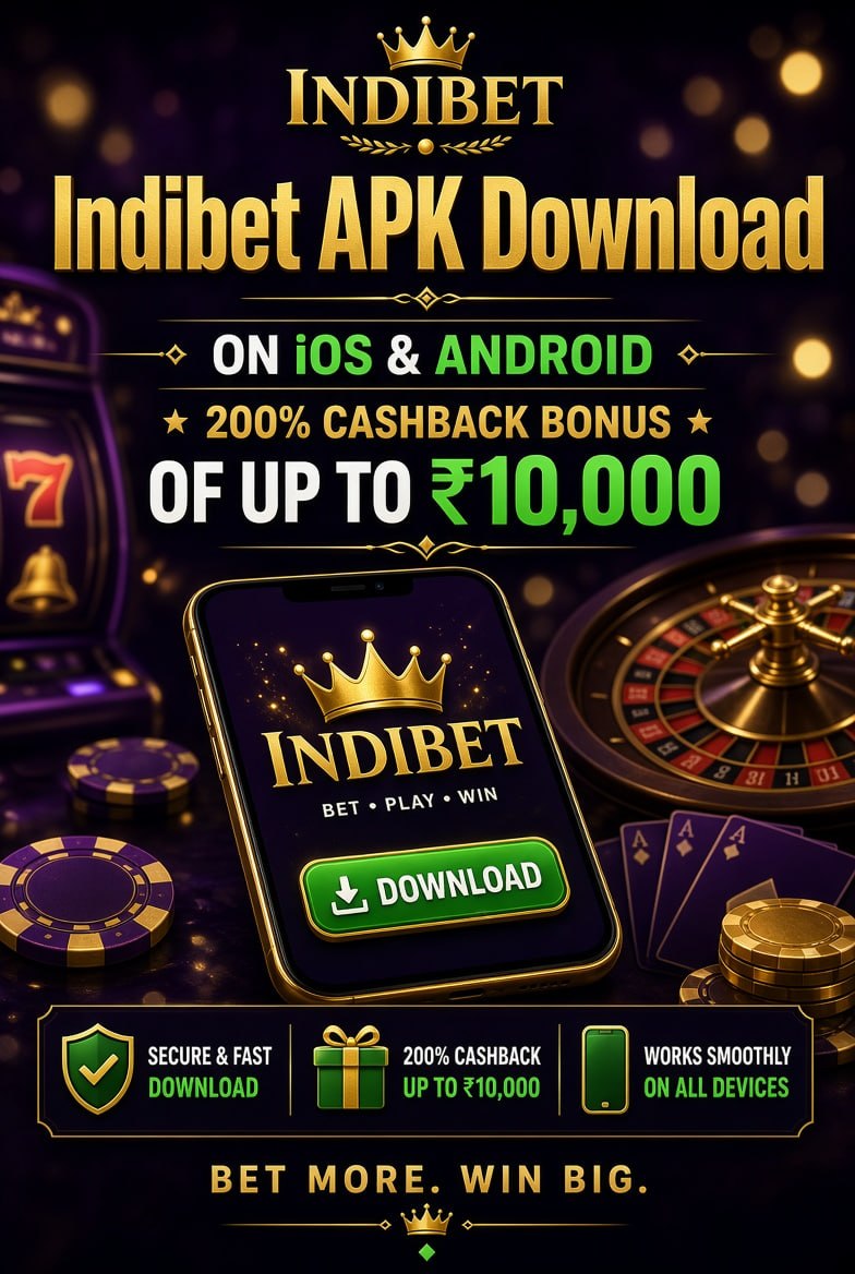 Indibet APK download poster with 200% cashback up to ₹10,000 and casino background.