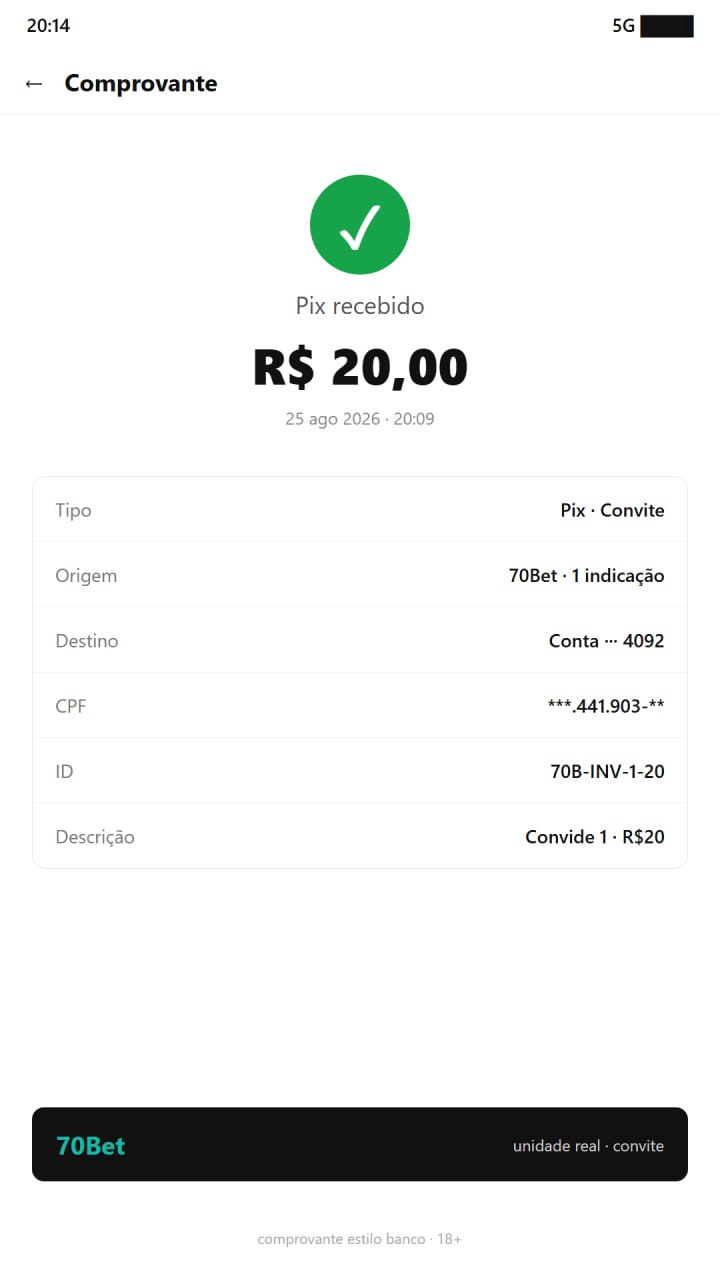 H5 70Bet convide 1 amigo R$20 unidade real ofertas
