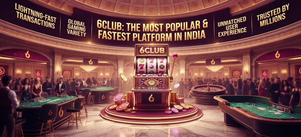 A promotional poster for 6Club featuring a luxury casino interior, a golden slot machine, and key performance highlights.