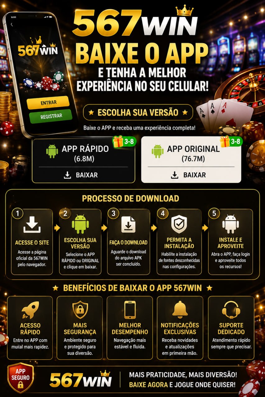 567WIN APK com processo de download e opções de aplicativo Android.
