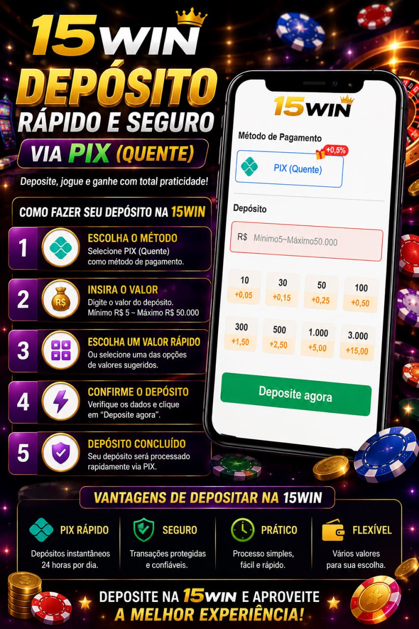 15WIN depósito via PIX com valores de R$5 a R$50.000.