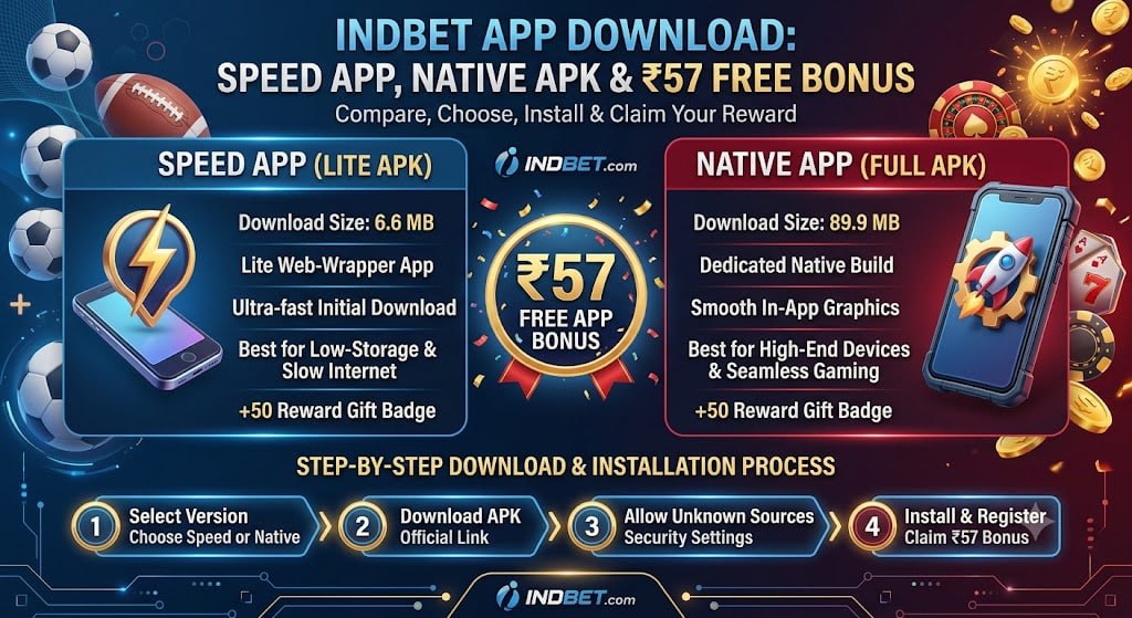 INDBET app download prompt showing Speed App 6.6MB and Native App 89.9MB with 57 free bonus