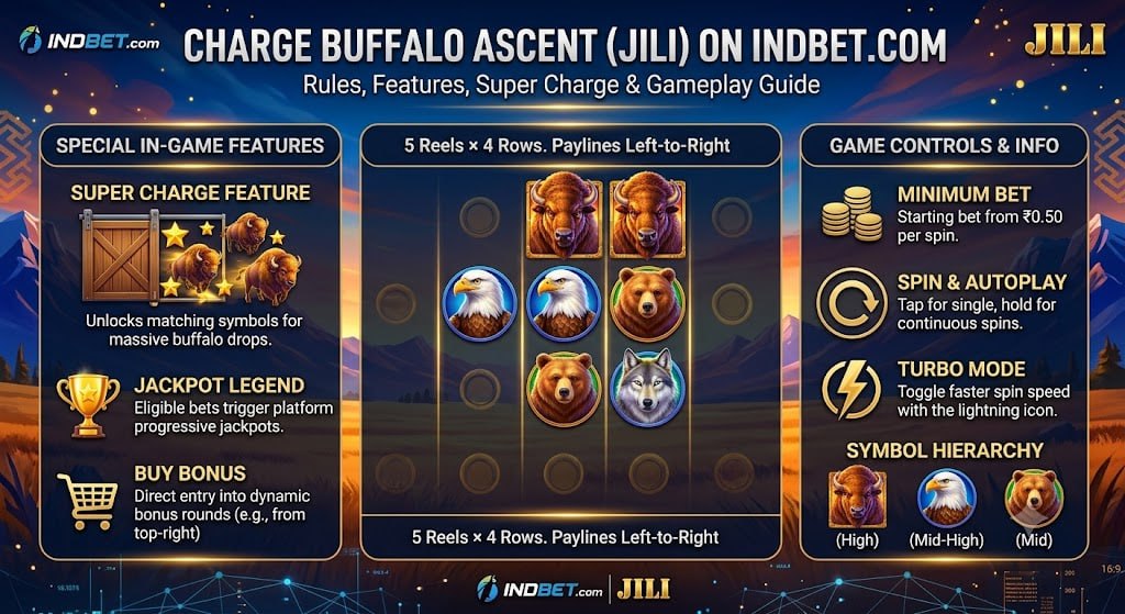 Charge Buffalo Ascent slot game by JILI on INDBET showing 5x4 animal reels and super charge feature