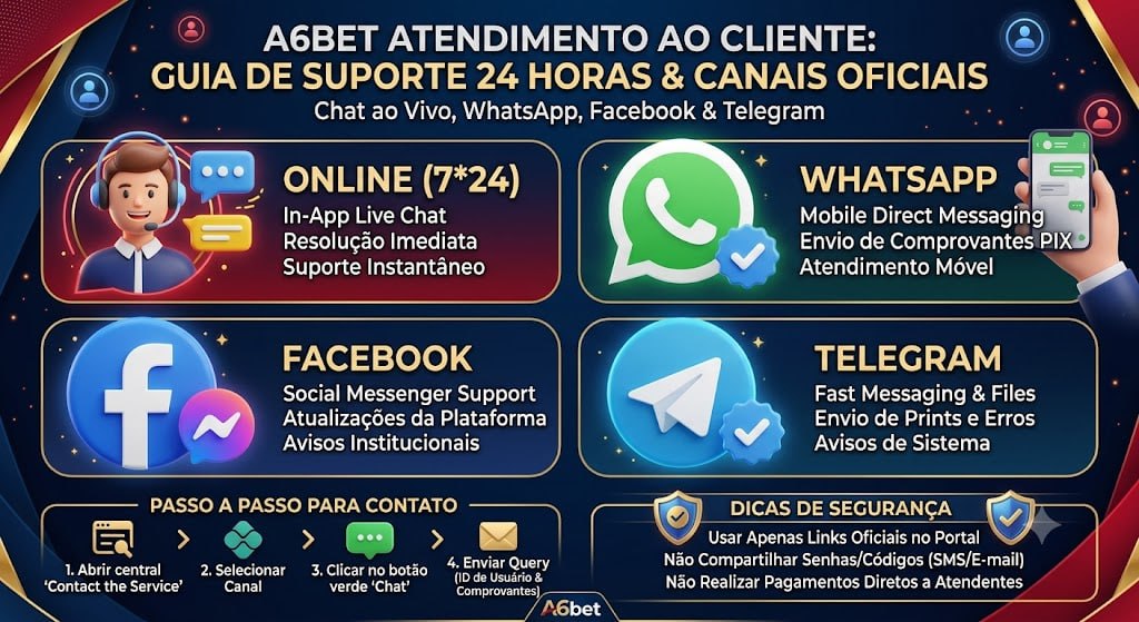 Canais de atendimento A6Bet mostrando opcoes de suporte 24 horas chat online whatsapp facebook e telegram