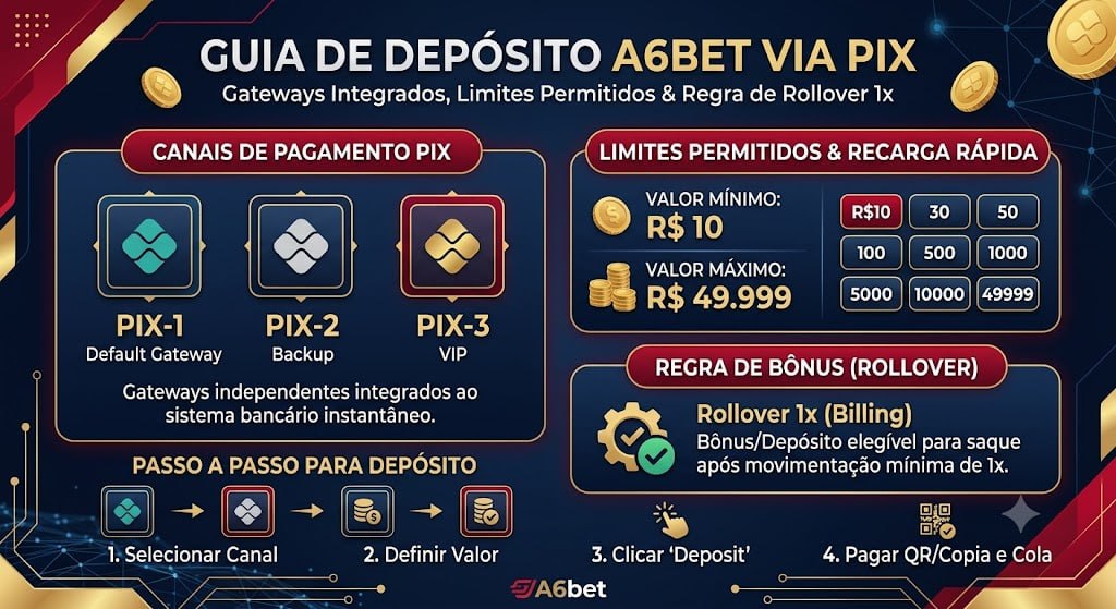 Interface de deposito da A6Bet com canais PIX valores de 10 a 49999 e informacao de rollover 1x