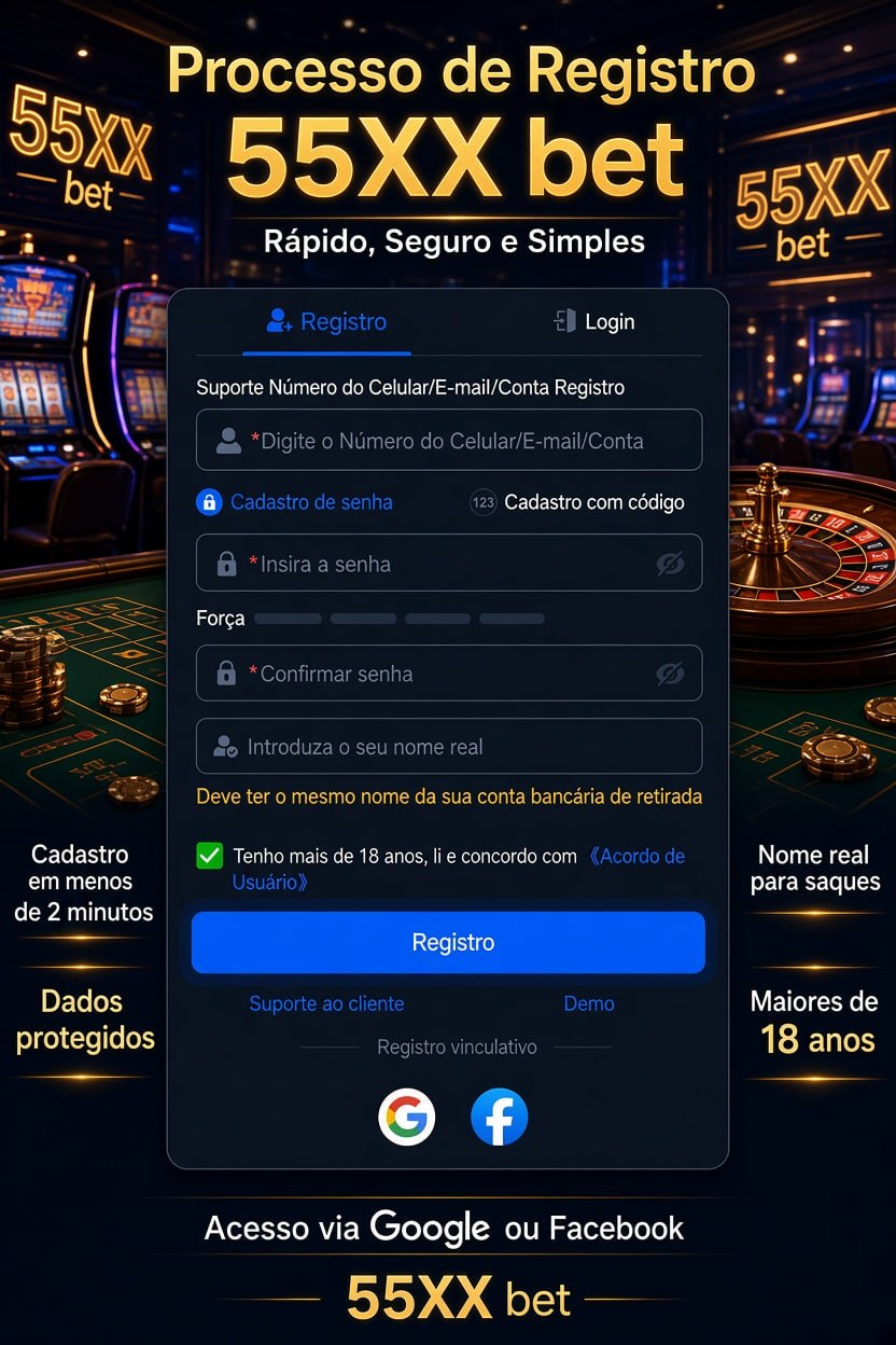 Poster promocional do processo de registro 55XX bet com formulário e cena de cassino ao fundo.