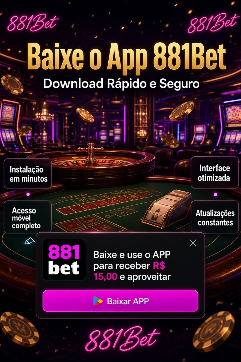 Poster promocional do download do app 881Bet com cena de cassino e benefícios de instalação.