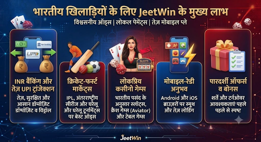JeetWin benefits for Indian players in Hindi showing UPI banking cricket markets and casino games