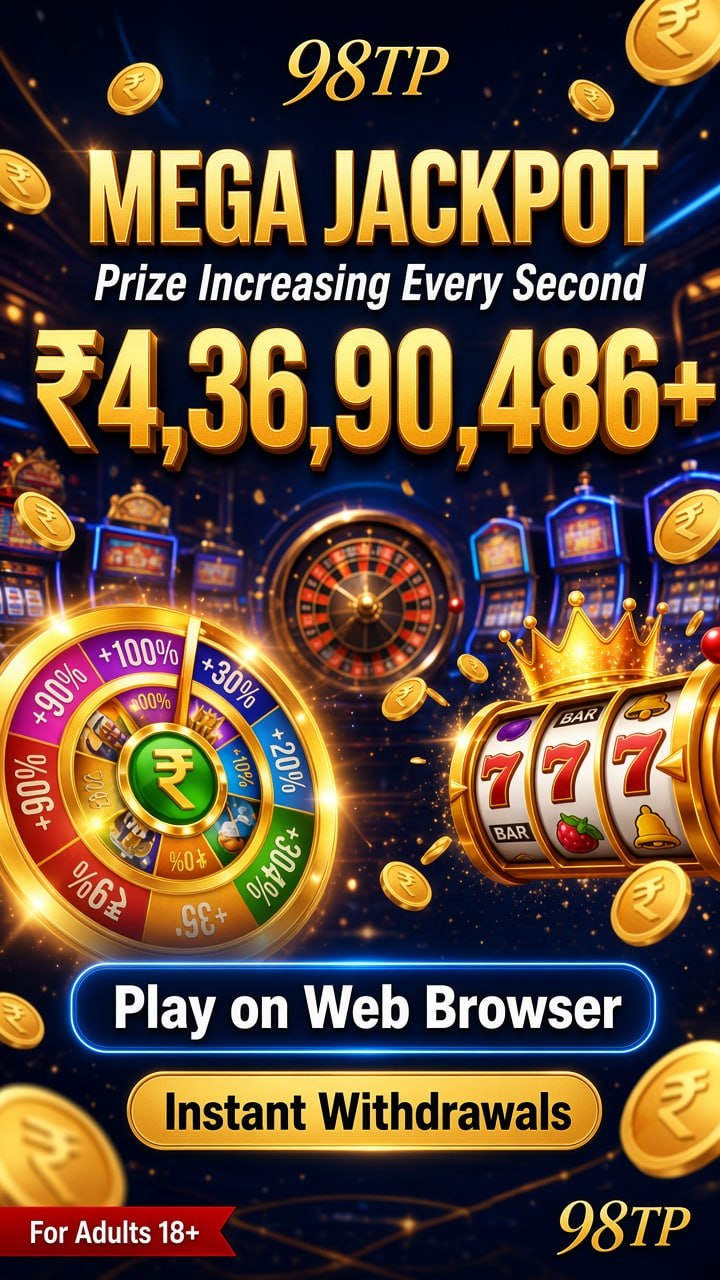 Promotional poster of 98TP Mega Jackpot with rising prize and casino background.