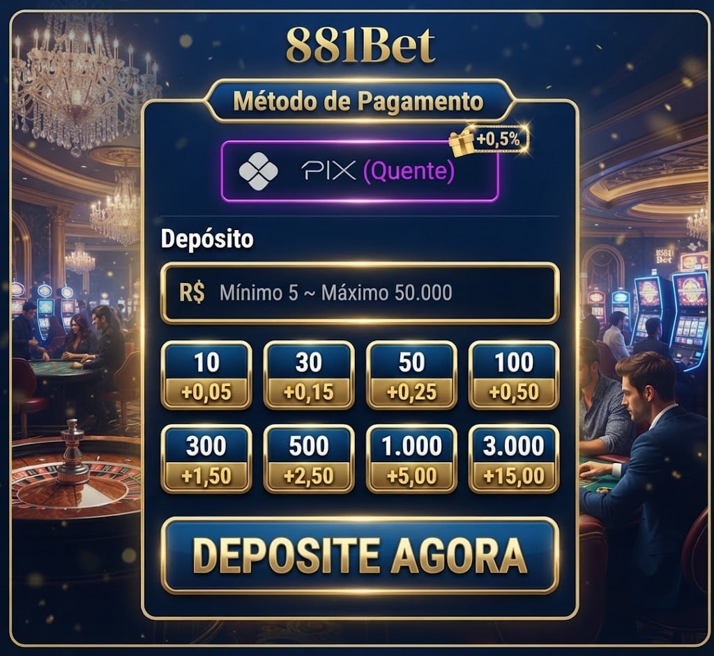 Painel de depósito da 881Bet com opção PIX e valores de R$ 5 a R$ 50.000 e bônus de +0,5% em destaque.