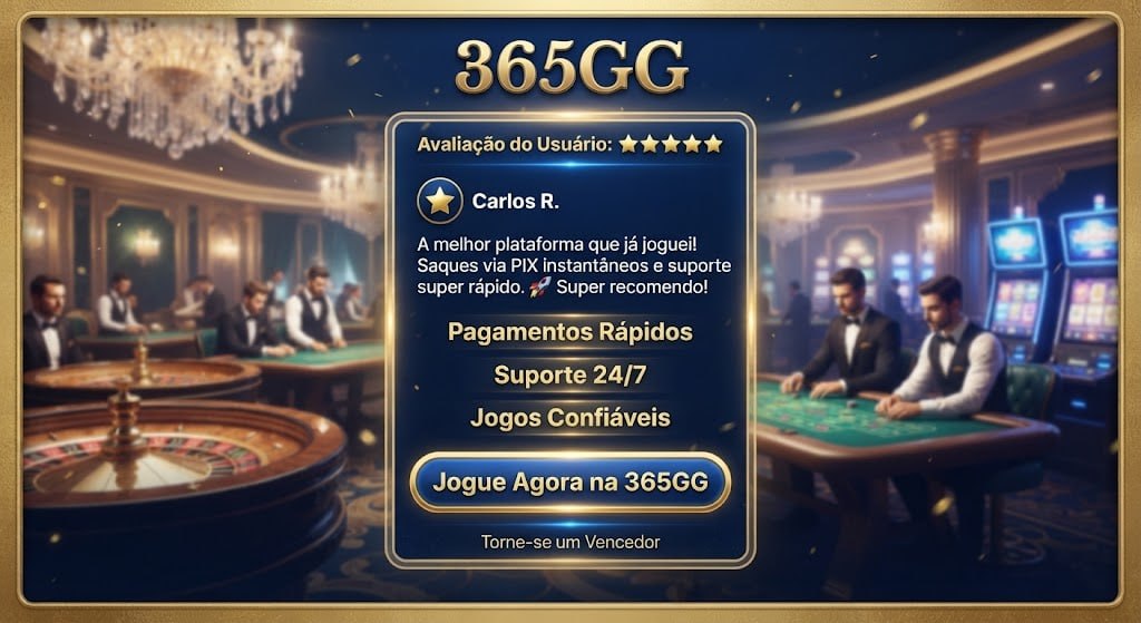 Gráfico promocional exibindo uma avaliação 5 estrelas de usuário sobre a 365GG com destaques para pagamentos rápidos e suporte 24/7.