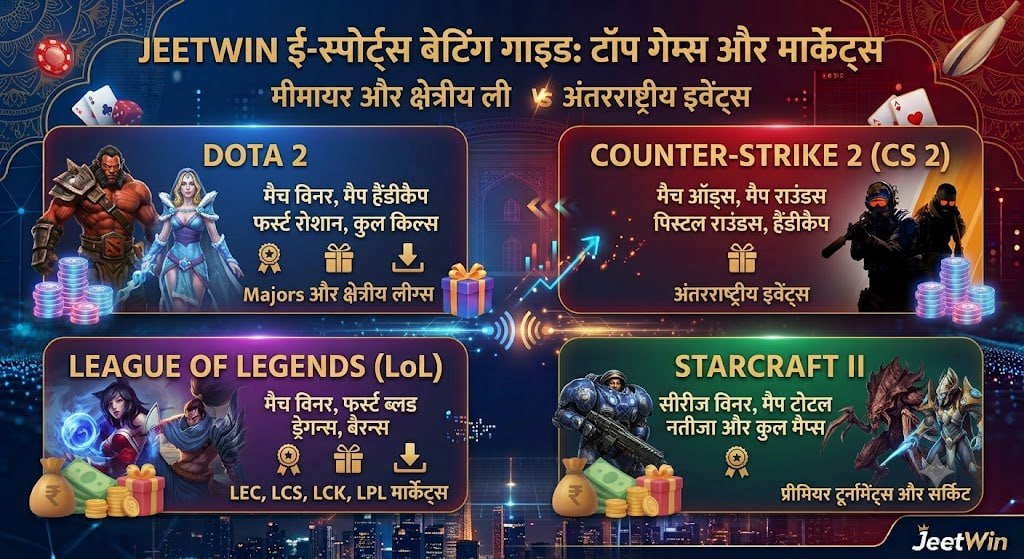 JeetWin esports betting covering Dota 2 Counter Strike 2 StarCraft and League of Legends markets