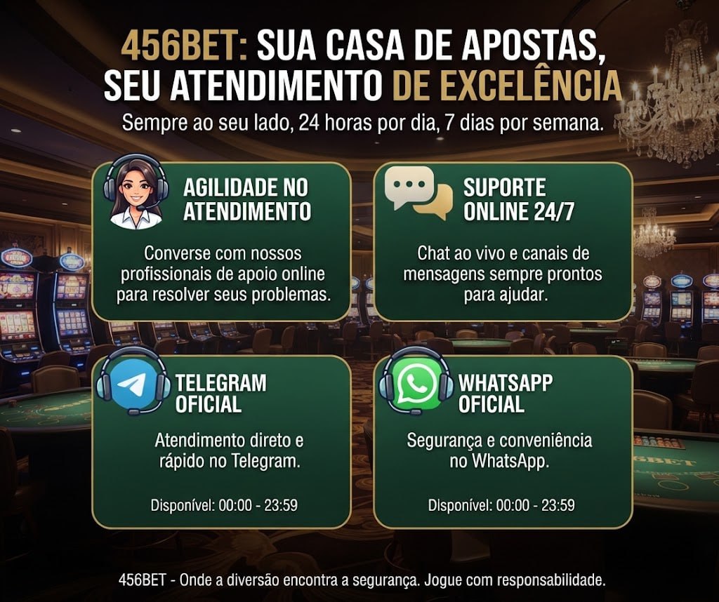 Pôster promocional da 456BET destacando o suporte online 24/7, atendimento ao cliente, e os canais oficiais do Telegram e WhatsApp em um cenário de cassino.