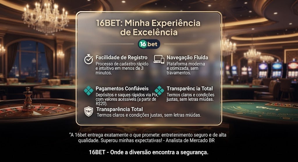 Pôster promocional da 16bet destacando a experiência do usuário, facilidade de registro, pagamentos seguros e navegação fluida em um cenário de cassino.