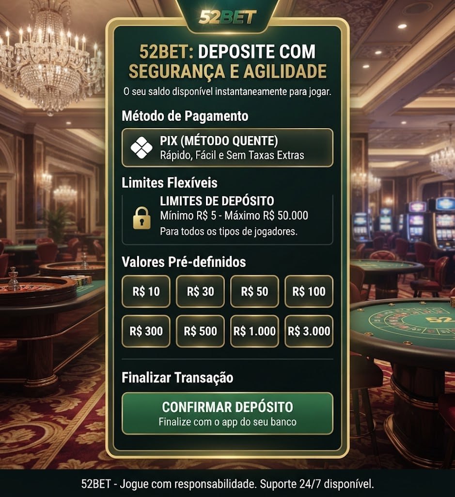 Pôster promocional da 52Bet detalhando o processo de depósito via Pix, limites de valores e opções de pagamento em um cenário de cassino.