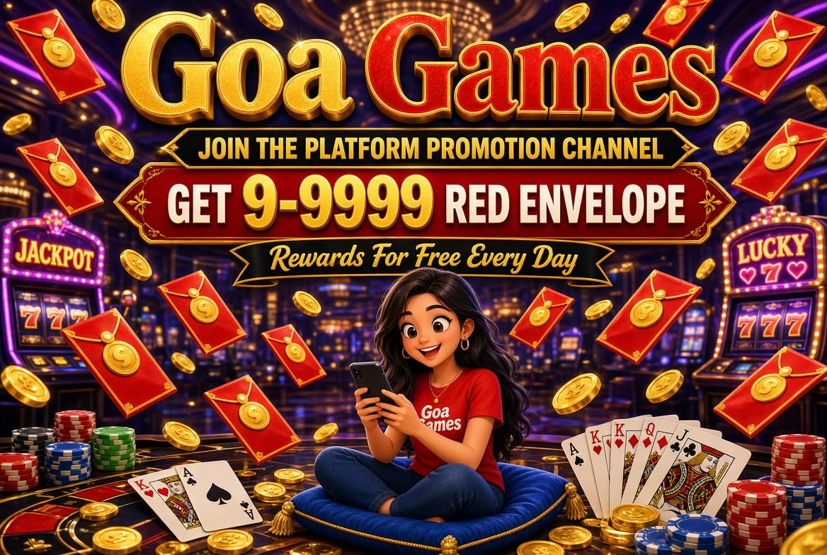 Promotional poster of Goa Games daily red envelope bonus 9-9999 with casino background and cartoon girl.