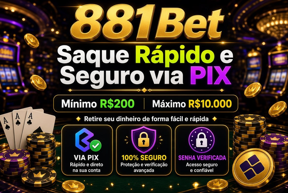 Promotional poster of 881Bet fast PIX withdrawal with minimum R$200 and maximum R$10.000 in casino style.