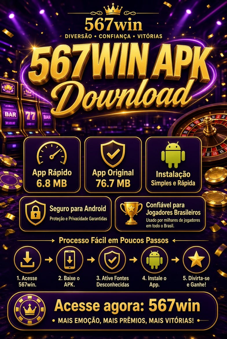 Poster promocional do download APK 567WIN com cena de cassino e passos de instalação.