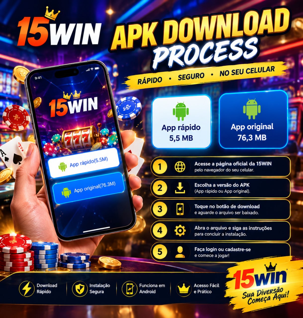 15WIN APK com opções de 5,5 MB e 76,3 MB.