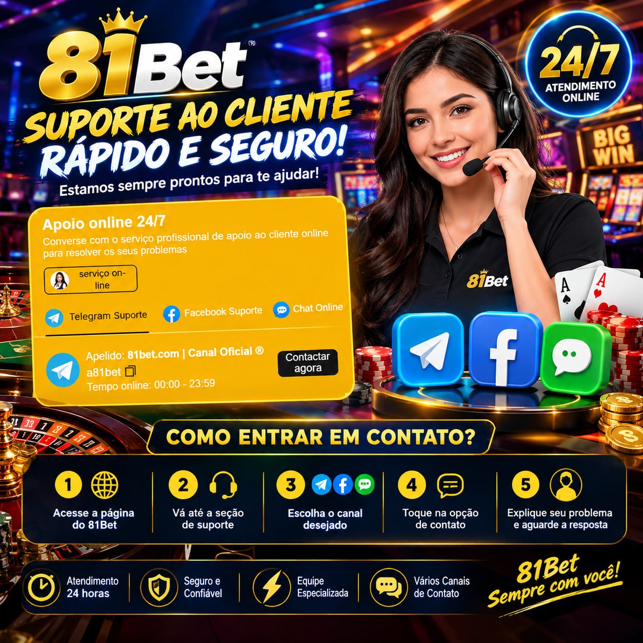 81Bet com suporte online 24 horas e três canais de atendimento.