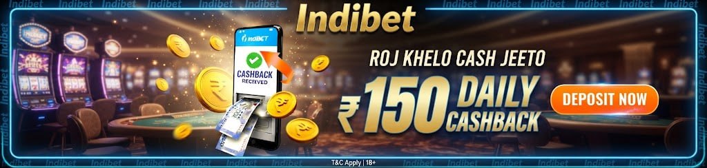 A promotional graphic showing a ₹150 Daily Cashback bonus with a mobile deposit app interface, casino background, and deposit now CTA.