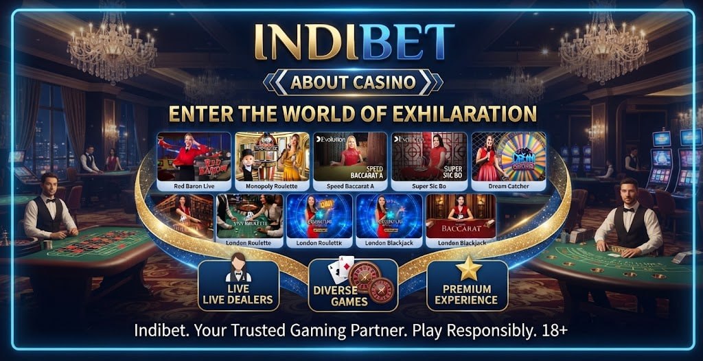 A promotional graphic showing Indibet casino games, live dealers, and a luxury casino background.