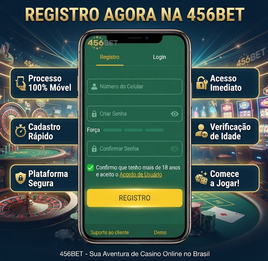 Processo de cadastro da 456BET em um smartphone com ícones de benefícios, como Processo Móvel, Cadastro Rápido, Plataforma Segura, Acesso Imediato, Verificação de Idade e Comece a Jogar, sobre um fundo de sala de casino em 456BET - Sua Aventura de Casino Online no Brasil.