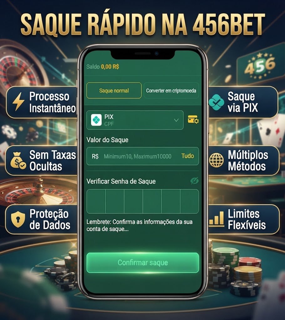 Uma imagem promocional mostrando o processo de saque da 456BET via PIX com limites de transação e cenário de casino ao fundo.