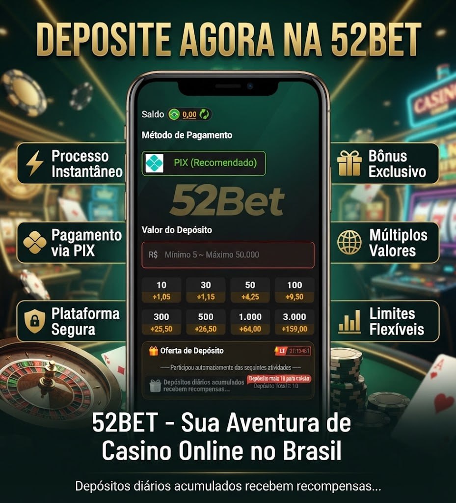 Uma imagem promocional mostrando o processo de depósito da 52Bet via PIX com limites de transação e cenário de casino ao fundo.