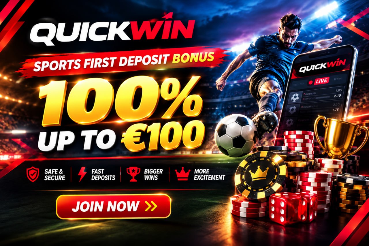 Quickwin 100% first deposit sports bonus up to €100 promotional graphic.