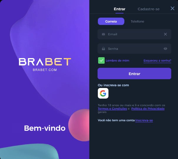 Tela de login Brabet com campos de email senha e opcao de entrar com Google em portugues
