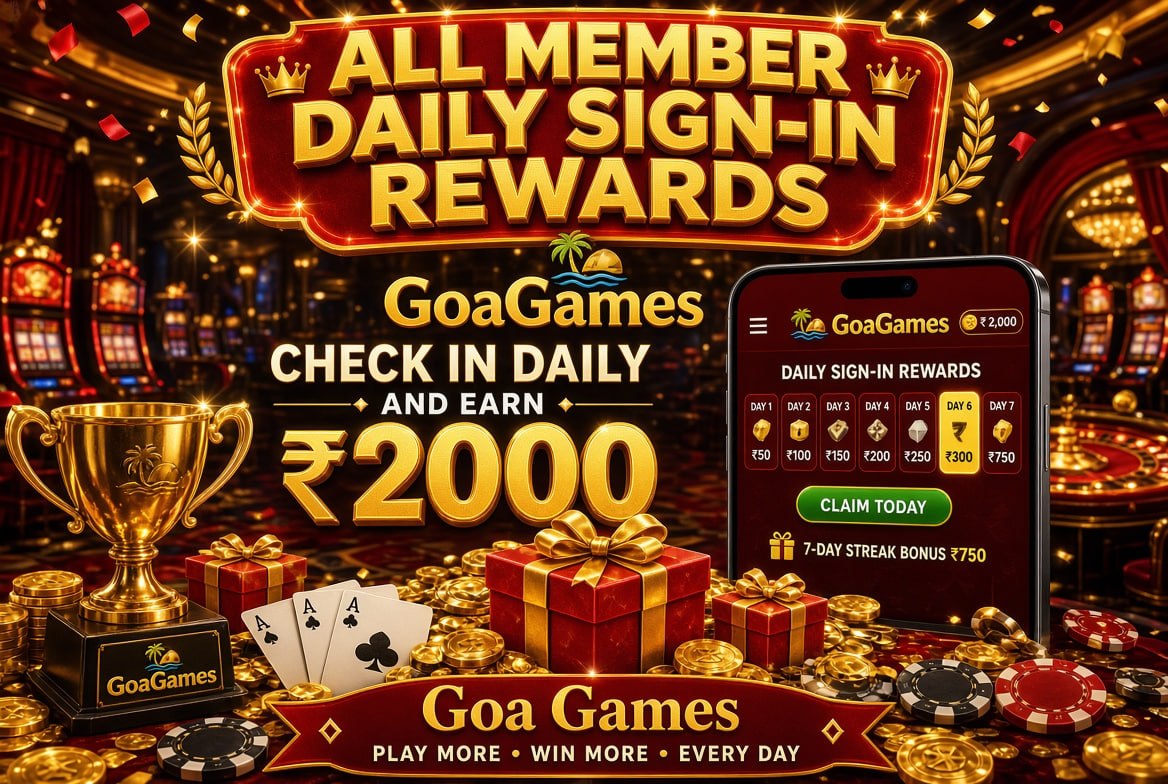 Promotional casino poster with trophy, gifts, coins and phone showing GoaGames daily sign-in rewards up to ₹2000.