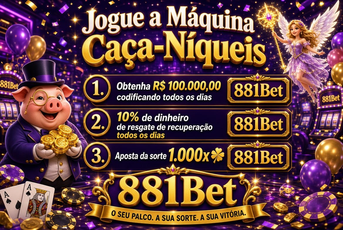 Promotional casino poster with pig mascot, fairy, slots and 881Bet offers of R$100.000 daily, 10% cashback and 1000x lucky bet.