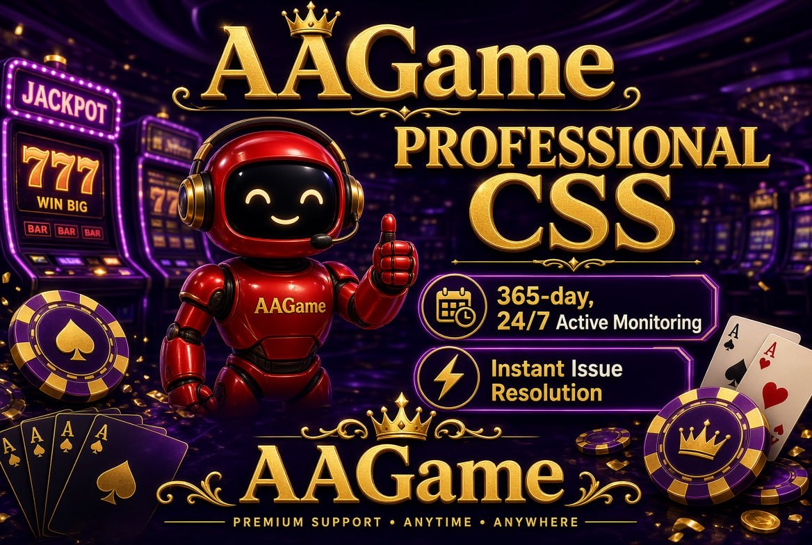 Promotional casino poster with red robot headset showing AAGame professional CSS 365-day 24/7 monitoring and instant resolution.