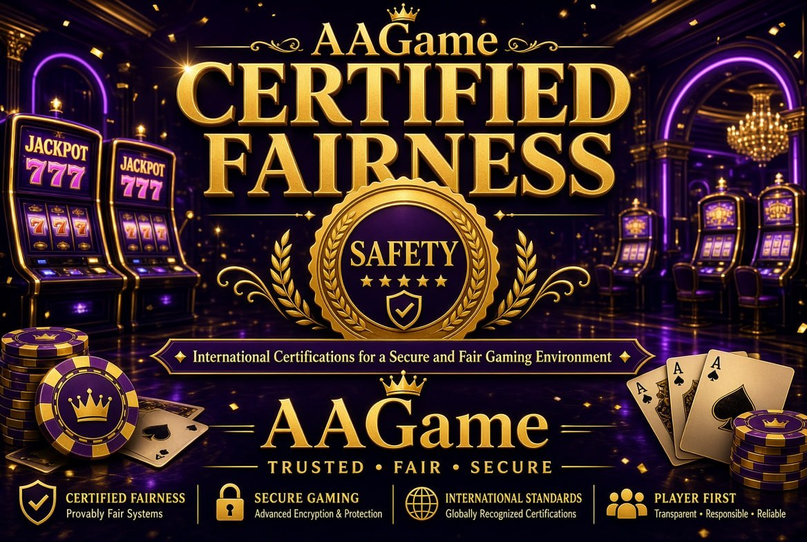 Promotional casino poster with gold SAFETY medal showing AAGame certified fairness and international secure gaming certifications.