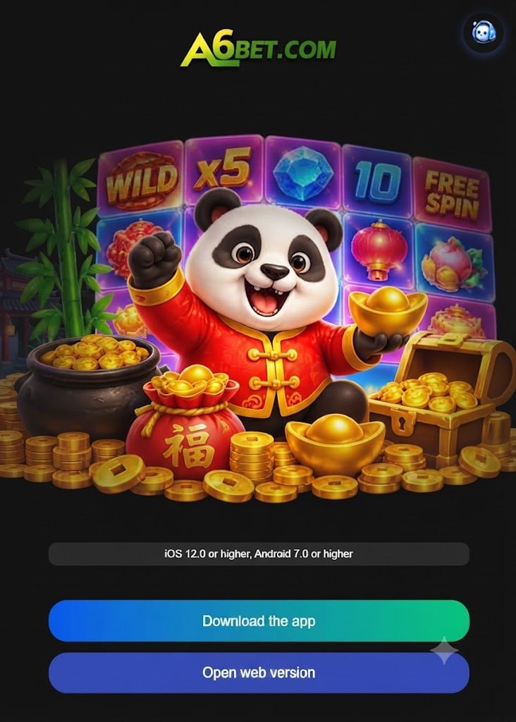 Tela de download e acesso da plataforma A6BET com panda da sorte e botoes para baixar o app ou abrir versao web