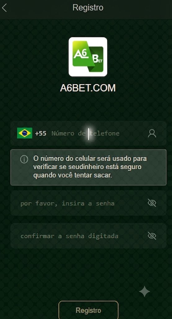 Tela de registro A6BET com campos de numero de telefone brasileiro e criacao de senha em portugues