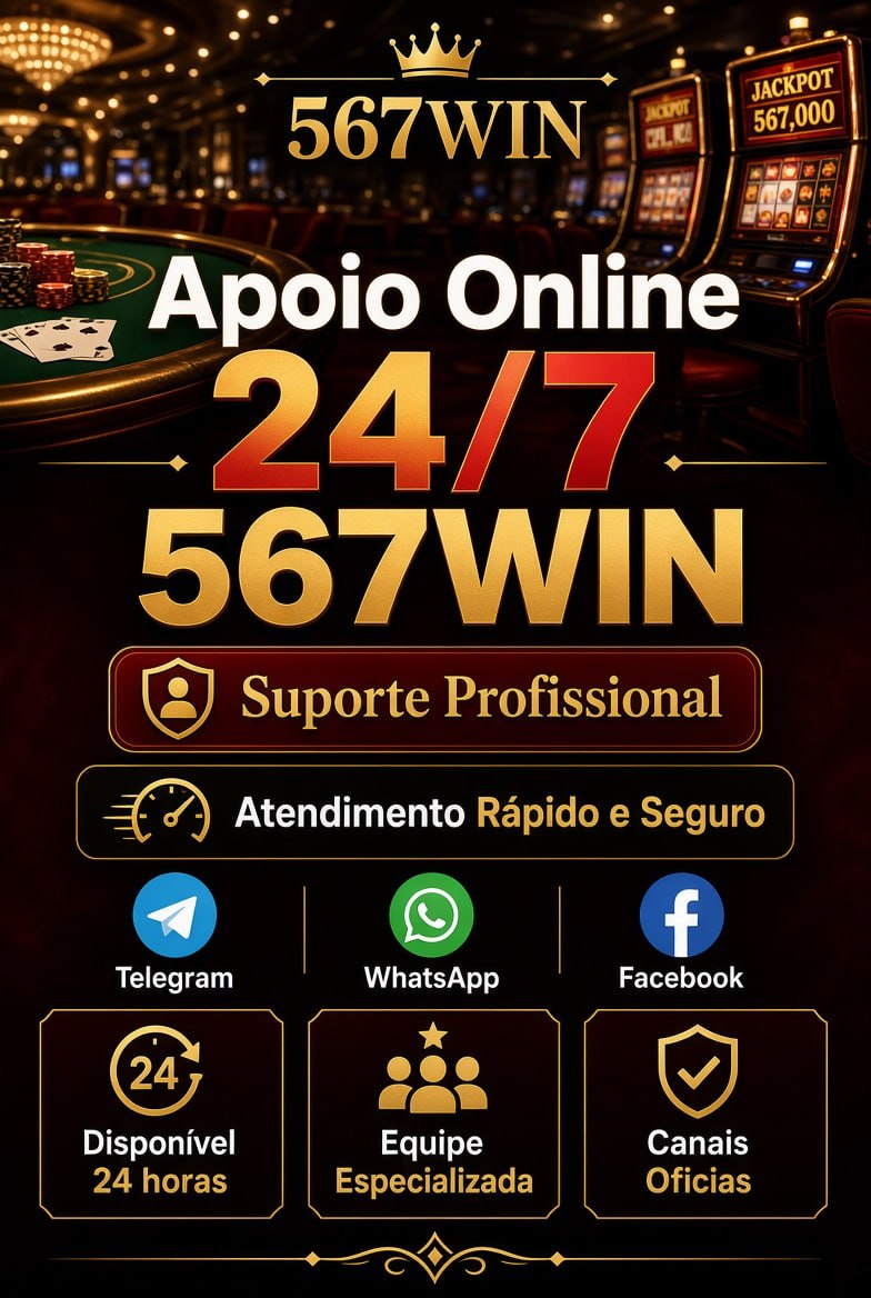 Poster de cassino do suporte 567WIN 24/7 com ícones de Telegram WhatsApp e Facebook
