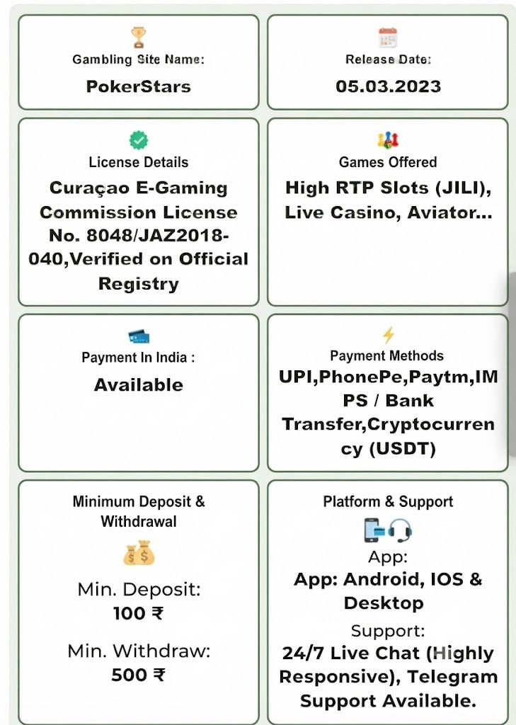 PokerStars gambling platform technical sheet with Curacao license UPI payment methods and limits in Hindi