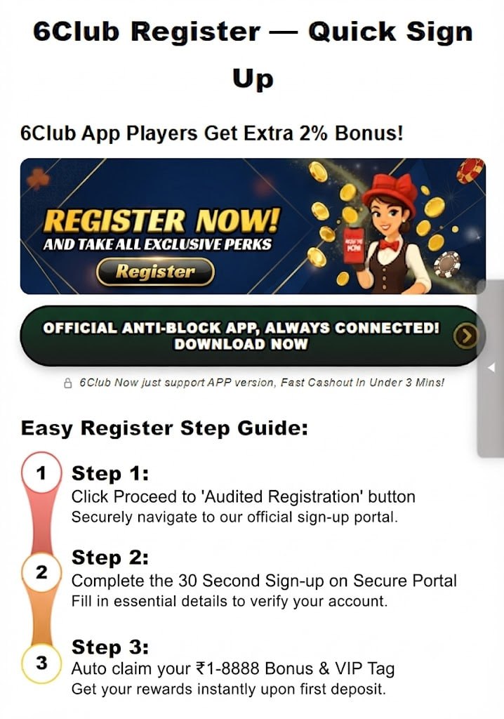 6Club registration page with 3 step guide app bonus and fast cashout in Hindi