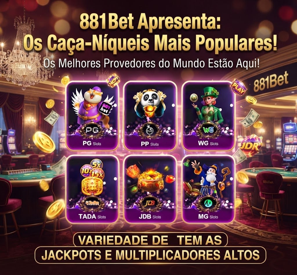 Um gráfico promocional exibindo os caça-níqueis mais populares da 881Bet com provedores de destaque e fundo de cassino.